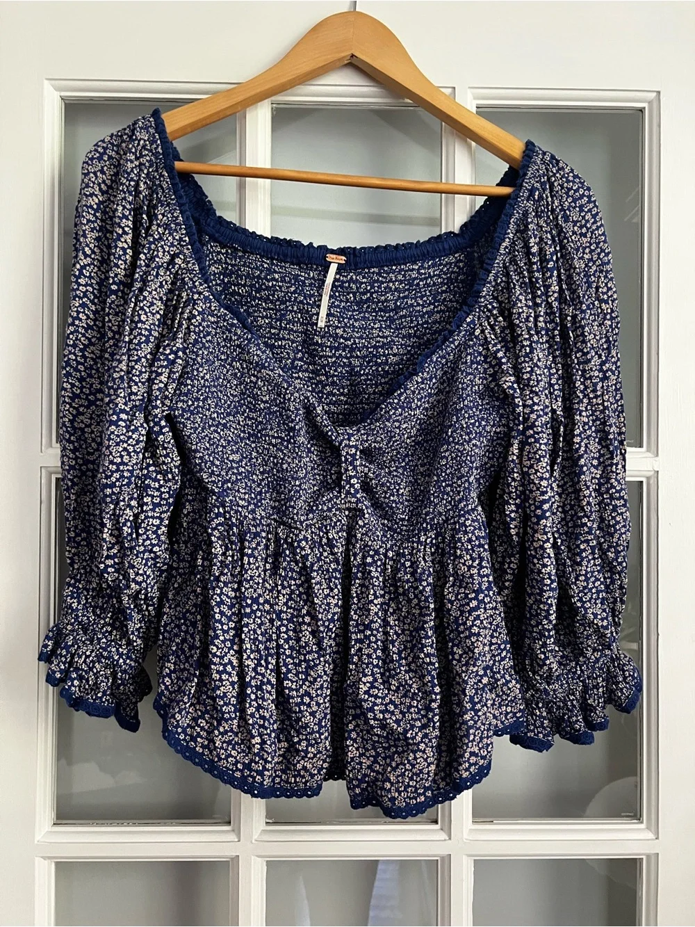 Free People Navy Blue Floral Peasant Top